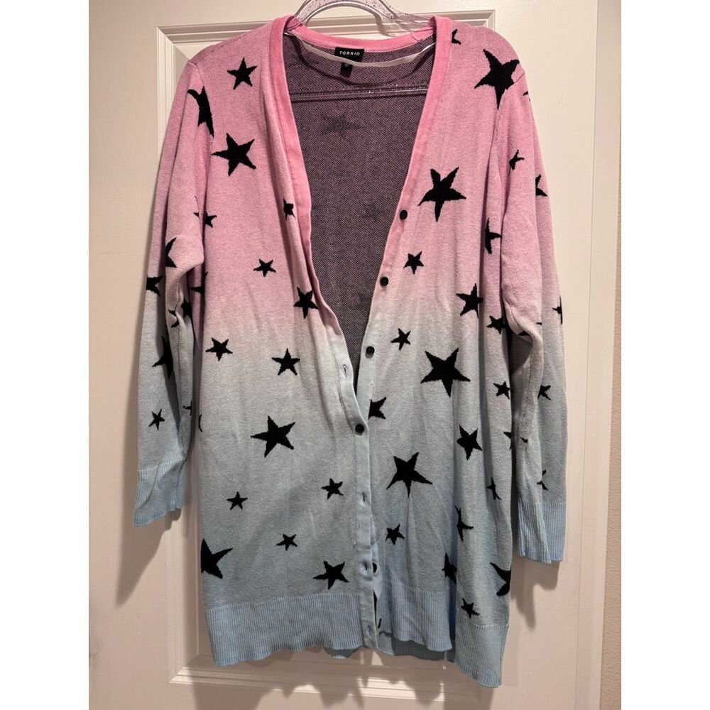 Torrid 1X Pink Blue Ombré Black Star Longline Boyfriend Cardigan Sweater